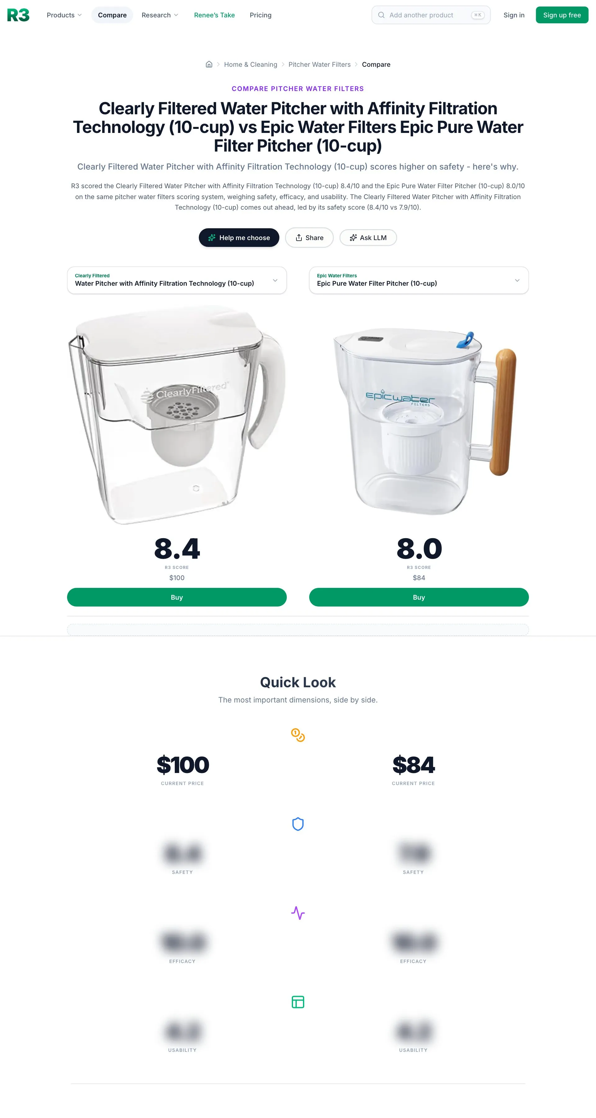 R3's comparison page, Clearly Filtered against Epic Water, on Google's first page
